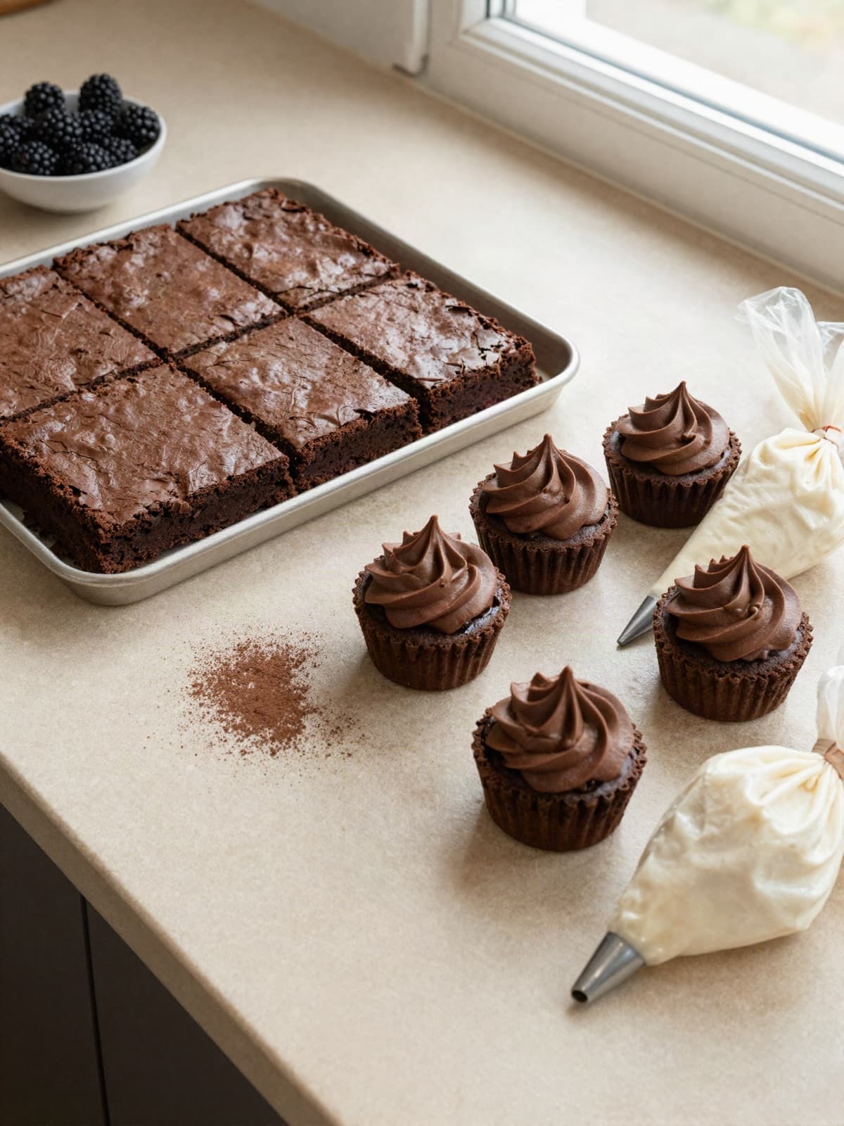 Brownies y mousse cakes recién preparados en el taller de Petit Sucré