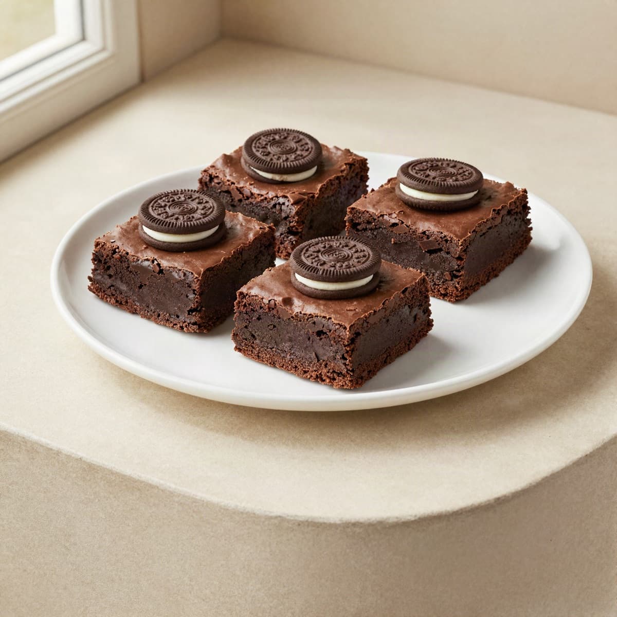 Cuatro brownies de chocolate decorados con galleta Oreo