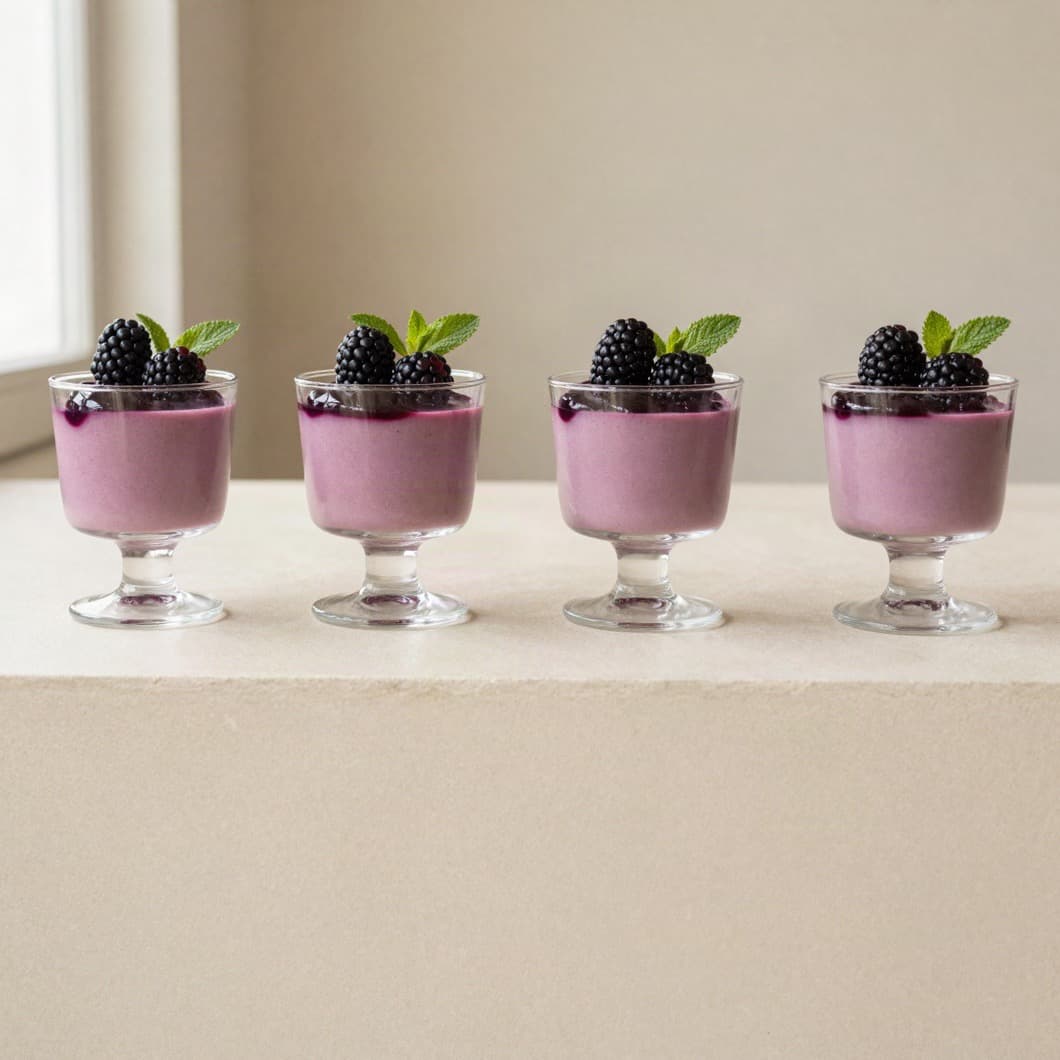 Cuatro vasos individuales de mousse de mora con moras frescas