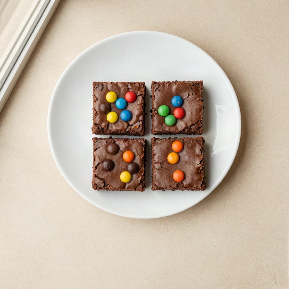 Cuatro brownies de chocolate decorados con botonetas de colores